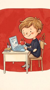 Cute cartoon boy sitting at study desk using laptop while holding red apple for online learning education digital class and remote study at home