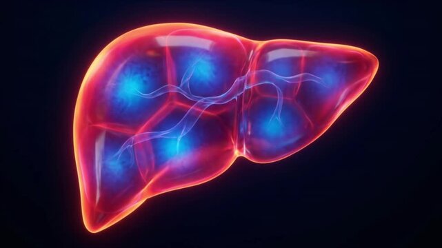 発光する半透明の肝臓が代謝平衡状態を保つ医療科学CG背景