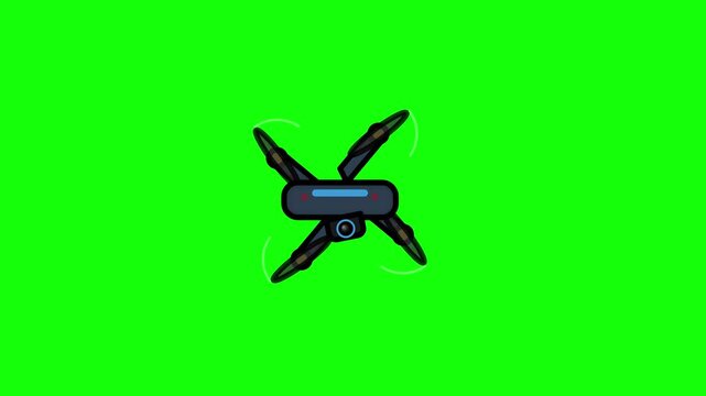 Professional 2D drone animation icon featuring a quadcopter with rotating propellers and central camera lens isolated on a vivid green screen background for video editing.