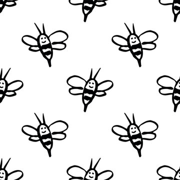 Seamless pattern with hand drawn happy funny cute honey bee Adorable flying striped insect friendly kawaii bumble bee For kids print, wrapping paper, packaging, fabric