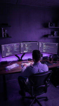 Programmer working late at night on multiple monitors with purple ambient lighting