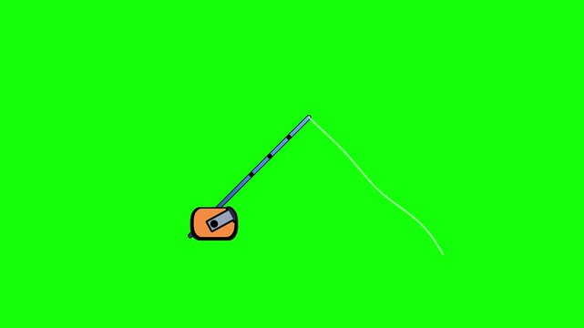 Flat 2D cartoon style fishing rod animation icon featuring a blue pole, orange reel, and white line, isolated on a bright chroma key green screen background for video compositing.