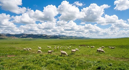 Fototapeta premium Herd of Sheep Grazing on Vast Green Grassland Under Blue Sky