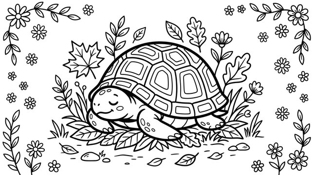 Cute tortoise coloring page surrounded by plants and flowers for kids activity.