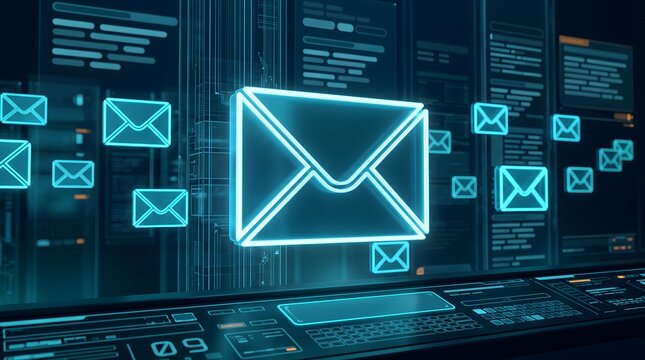 Secure enterprise email server network featuring glowing digital envelopes representing automated corporate communication
