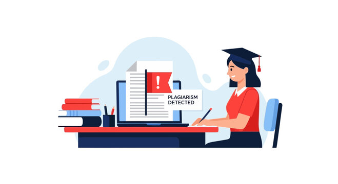 Plagiarism Detected Warning on Student Laptop Screen, Academic Integrity and Cheating Concept Illustration
