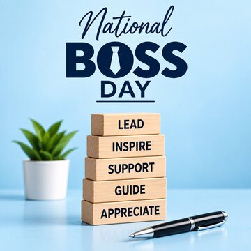 Wooden blocks stacked with motivational leadership words on blue background for national boss day