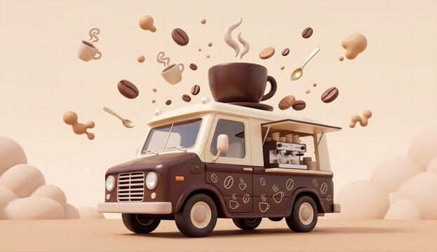 Cute 3D illustration of a vintage coffee truck with floating coffee beans and cups