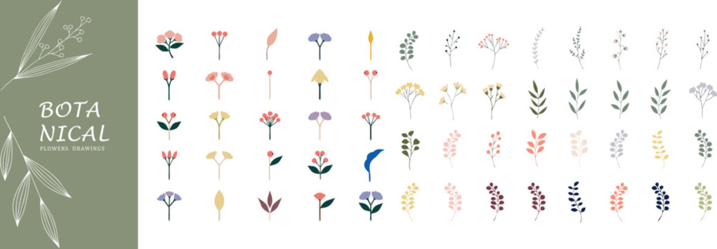 Set of small hand drawn botanical flowers and leaf branches in flat minimal style