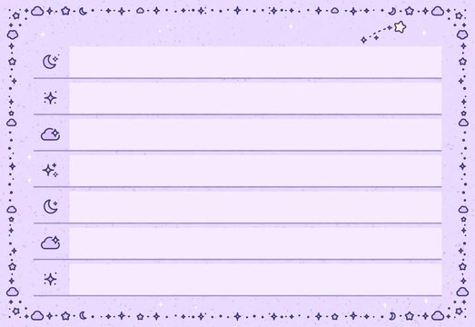 Kawaii pastel celestial stationery illustration of a blank lined notepad with a decorative border of stars, moons, and clouds, creating a dreamy and magical aesthetic for digital journaling or printab
