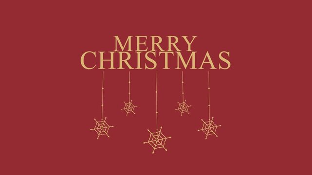 Elegant Merry Christmas Greeting Card with Golden Hanging Snowflakes on a Deep Red Festive Background