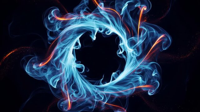 Blue fiery smoke swirling around a circular ring particle vortex with red and orange glowing graphics on black background, 4K video