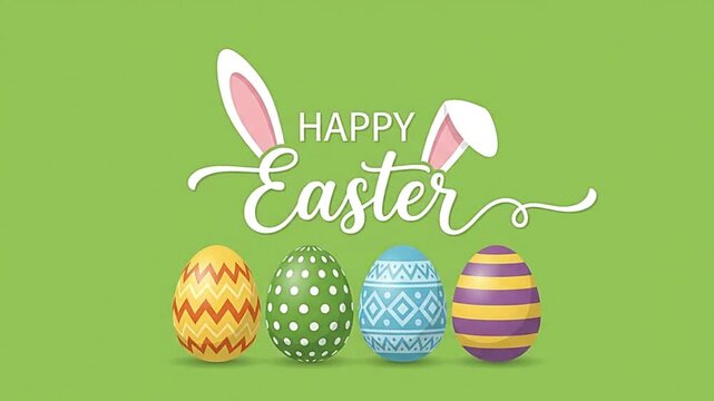 Happy Easter animation with bouncing rabbit ears and colorful decorated eggs featuring festive motion graphics for holiday celebration social media content