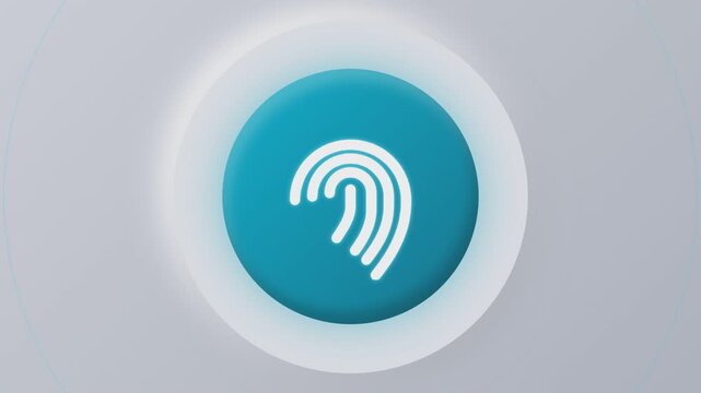 Fingerprint biometric icon appearing inside a glowing blue circular button with expanding concentric rings on a soft light gray background for identity security access and authentication concepts