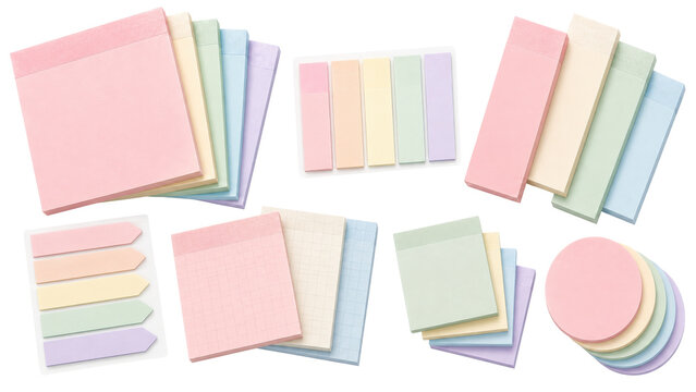 Japanese sticky note collection, square memo pads page flags strips, pink yellow mint blue and lilac, no branding. Studio shot isolated on white background for planner organization and study content.