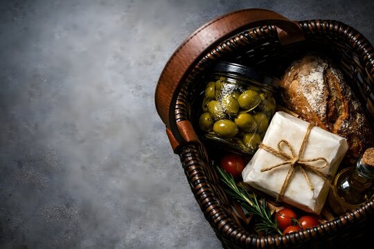 High-angle shot of a rustic picnic basket filled with gourmet bread, marinated olives, and wrapped artisan cheese.