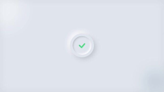 Neumorphic checkmark button animation on a clean white background