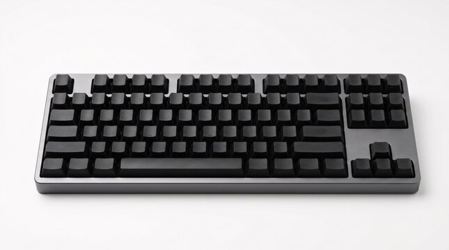 Black tenkeyless mechanical gaming computer keyboard viewed from above on a solid white background.