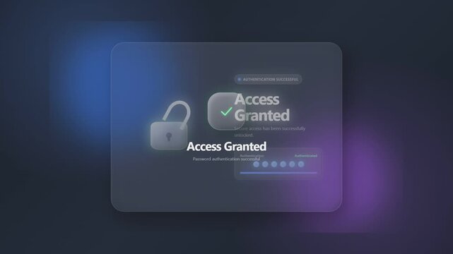 Secure login screen showing a padlock, password entry, password verification and access granted message on a dark blue and purple glowing interface for digital security and privacy concepts
