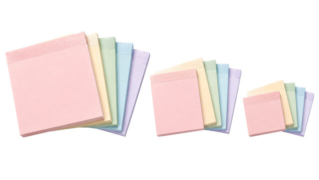 Japanese memo pad set, square sticky note pads in three graduated sizes, pink yellow mint blue and lilac, no branding. Studio shot isolated on white background for planner and study organization.