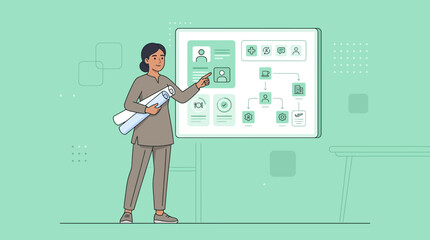 Obraz premium Woman presenting workflow flowchart on digital whiteboard, isolated on transparent background