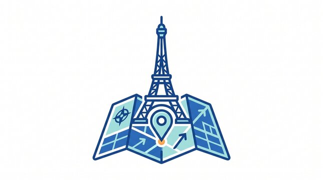 Commercial vector illustration of a folded city map featuring the Eiffel Tower landmark, navigation compass, and GPS location pointer isolated on a white background.