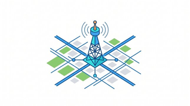 Isometric vector illustration of a smart city telecommunication tower emitting wireless signals over a digital grid map with sensor nodes isolated on a white background.