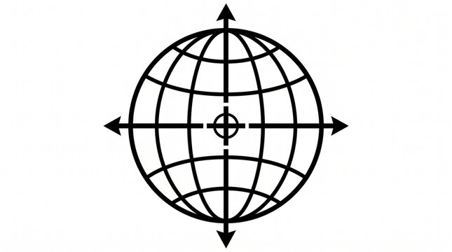 Black outline vector icon representing global coordinates, latitude and longitude grid lines, target crosshair, and directional navigation arrows isolated on a white background.