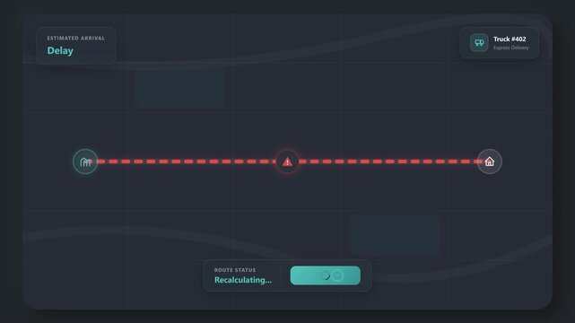 Delivery tracking dashboard showing a truck journey delayed by an obstruction, followed by route recalculation and updated arrival progress on a dark digital logistics interface screen