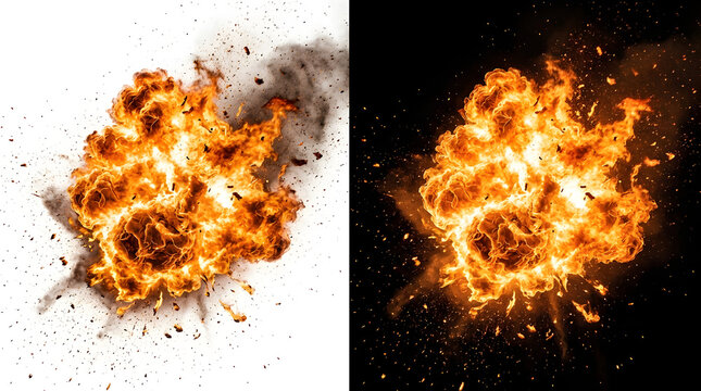 Fiery Blast and Debris: A dynamic explosion rendered in two variations, one against a stark white background with smoke plumes and scattering debris.