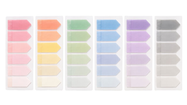 Japanese arrow page flag set, six clear strips of translucent arrow, pink orange green blue purple and gray, no branding. Studio shot isolated on white background for planner and study organization.