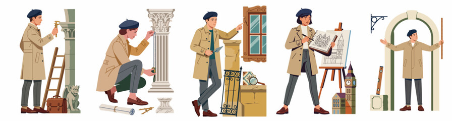 Obraz premium Professional architects and restoration experts working on historical architectural elements like columns and arches, flat vector illustration set on white background.
