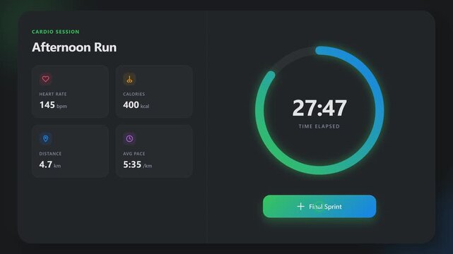 Cardio workout dashboard showing an afternoon run with heart rate, calories burned, distance, average pace and elapsed time in a dark fitness interface with progress ring and goal reached status