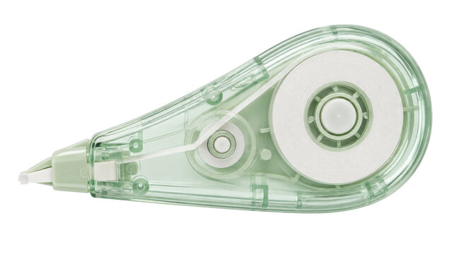 Japanese transparent correction tape, compact dispenser with visible tape spool, clear sage green plastic, no branding. Studio shot isolated on white background for school supply and office catalog.