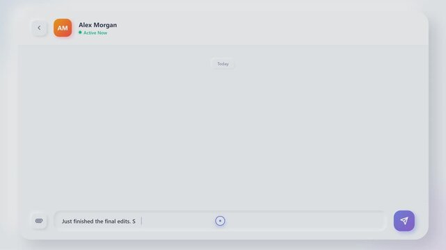 Modern chat messaging interface showing a user typing and sending a text conversation with message bubbles, typing indicator and profile header on a soft light background for communication concepts