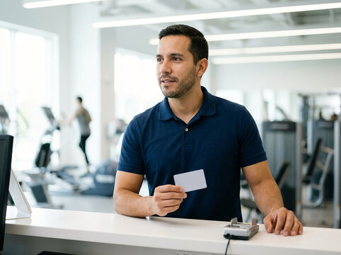 Handsome man holding a white membership card at a fitness center reception desk, paying for a subscription or checking in for a workout session.