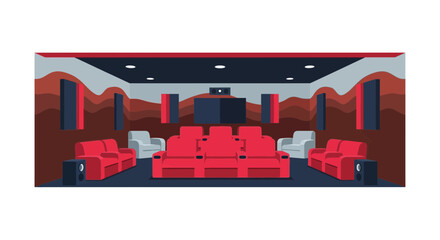 Obraz premium Modern Home Theater Interior Flat Vector Illustration with Red Cinema Seats and Acoustic Panels