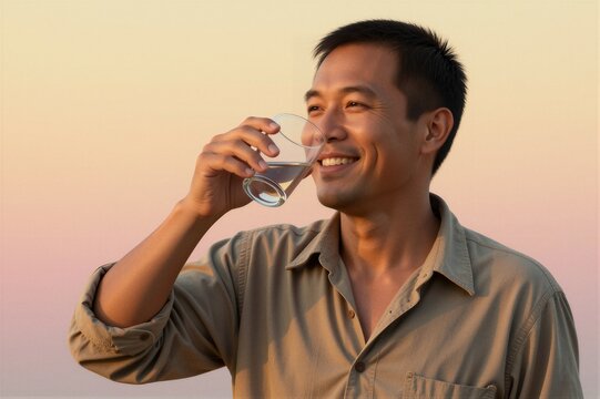 A man relaxes in a serene outdoor setting, sipping water from a clear glass tumbler under warm diffused lighting.