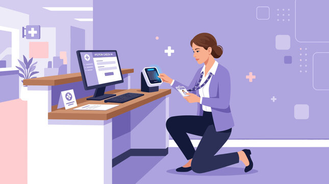 Woman at reception desk using card reader in modern clinic setting