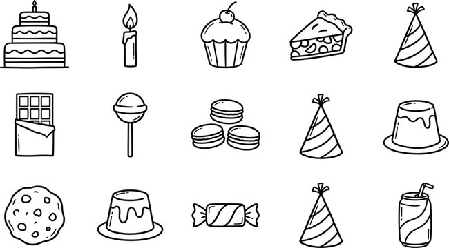 Birthday Party Celebration and Sweet Dessert Line Icon Set with Cake Cupcake Chocolate Lollipop Macarons Pudding Candy and Party Hat Symbols