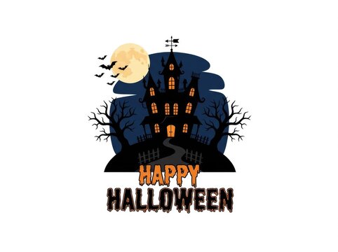Happy halloween haunted house with jack o lanterns and full moon