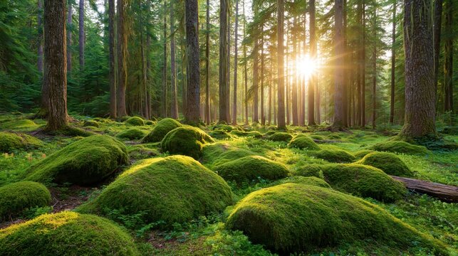 Sunlight streams through tall trees illuminating a lush, mosscovered forest floor.