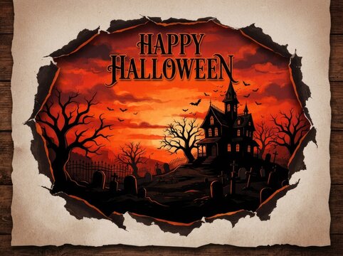 Happy halloween greeting with spooky forest scene at sunset