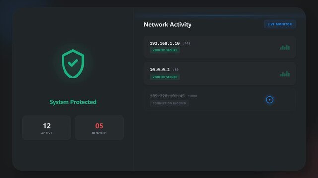 Cyber security monitoring dashboard showing network activity, protected system status, detected threat alert, blocked access action and changing security shield indicators on a dark digital interface