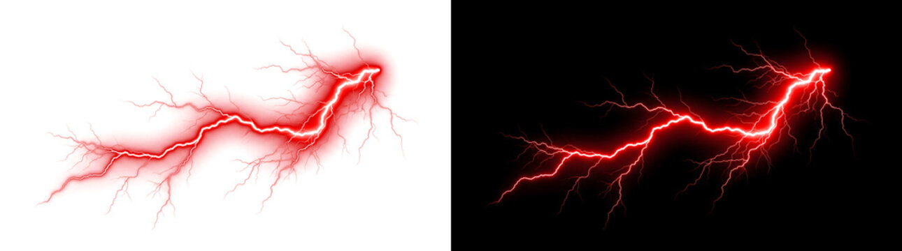 Lightning strike spreading with detailed electric red branches perfect for storm designs in PNG, Transparent and Black Background Versions