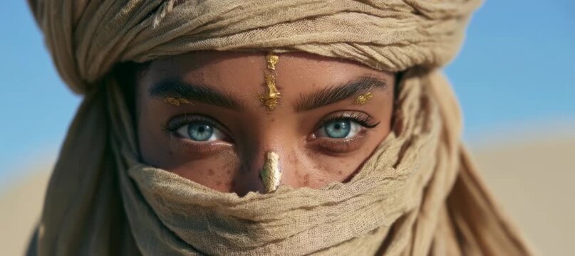 Blue eyes woman desert nomad wanderer. Generative video AI technology.