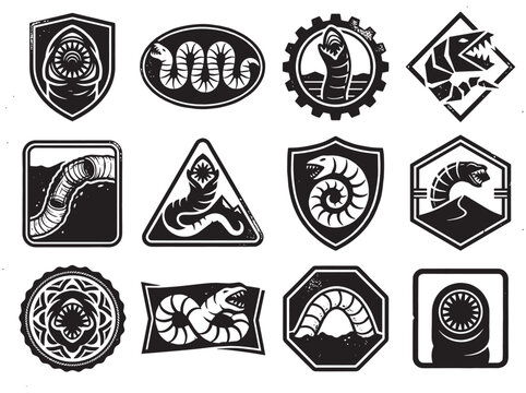 Vintage black and white desert sandworm logo collection with grunge creature emblems and subterranean monster graphic symbols.