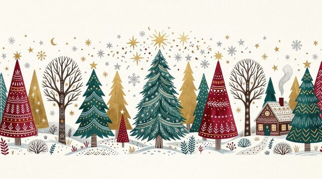 Decorative winter forest illustration featuring colorful patterned christmas trees and glowing stars on white background texture