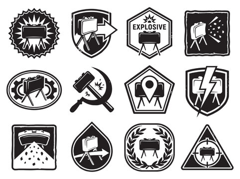 Vintage black and white tactical Claymore mine emblem logo collection featuring directional blast symbols and industrial grunge graphic marks.