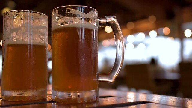Two mugs of cold beer on wooden table in evening restaurant with bokeh lights.